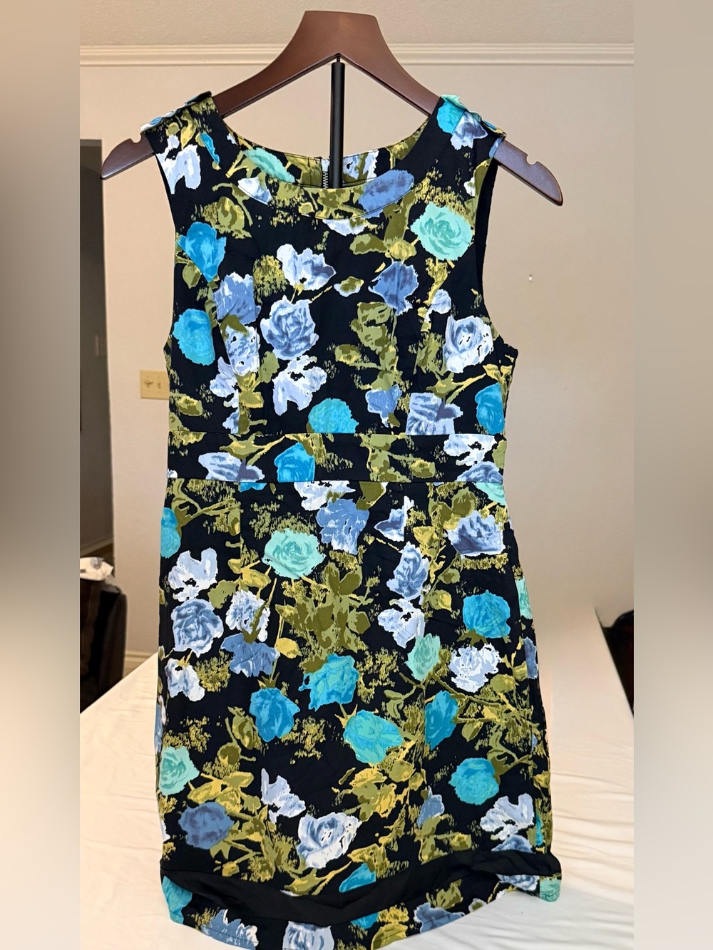 Vintage Twenty one Black Floral Midi Dress with Blue and Green Roses (MM9)